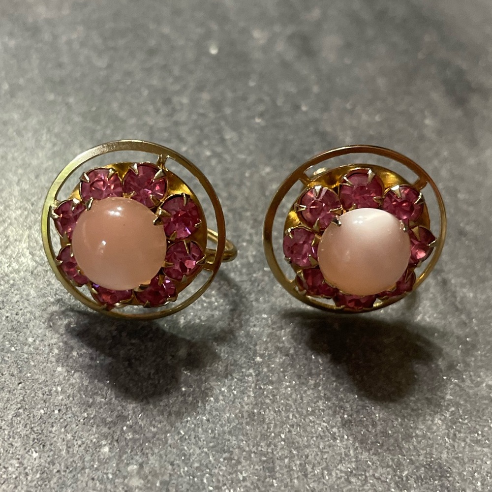 Vintage Pink Moonglow Crystal Halo Gold Earrings